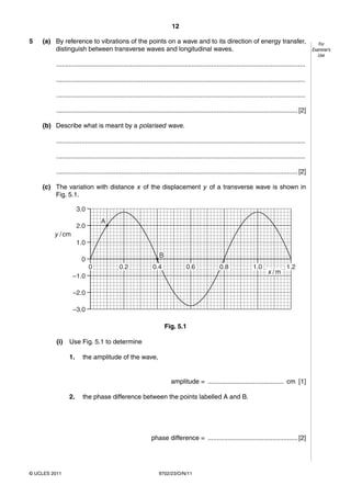 12

5   (a) By reference to vibrations of the points on a wave and to its direction of energy transfer,                                                       For
        distinguish between transverse waves and longitudinal waves.                                                                                   Examiner’s
                                                                                                                                                          Use

          ..........................................................................................................................................

          ..........................................................................................................................................

          ..........................................................................................................................................

          ...................................................................................................................................... [2]

    (b) Describe what is meant by a polarised wave.

          ..........................................................................................................................................

          ..........................................................................................................................................

          ...................................................................................................................................... [2]

    (c) The variation with distance x of the displacement y of a transverse wave is shown in
        Fig. 5.1.

                      3.0
                                  A
                      2.0
         y / cm
                      1.0
                                                                  B
                        0
                            0               0.2                0.4                0.6               0.8                1.0               1.2
                                                                                                                               x /m
                   –1.0

                   –2.0

                   –3.0

                                                                      Fig. 5.1

          (i)    Use Fig. 5.1 to determine

                 1.     the amplitude of the wave,


                                                                         amplitude = .......................................... cm [1]

                 2.     the phase difference between the points labelled A and B.




                                                              phase difference = .................................................. [2]




© UCLES 2011                                                      9702/23/O/N/11
 