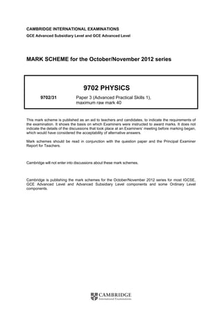 CAMBRIDGE INTERNATIONAL EXAMINATIONS
GCE Advanced Subsidiary Level and GCE Advanced Level
MARK SCHEME for the October/November 2012 series
9702 PHYSICS
9702/31 Paper 3 (Advanced Practical Skills 1),
maximum raw mark 40
This mark scheme is published as an aid to teachers and candidates, to indicate the requirements of
the examination. It shows the basis on which Examiners were instructed to award marks. It does not
indicate the details of the discussions that took place at an Examiners’ meeting before marking began,
which would have considered the acceptability of alternative answers.
Mark schemes should be read in conjunction with the question paper and the Principal Examiner
Report for Teachers.
Cambridge will not enter into discussions about these mark schemes.
Cambridge is publishing the mark schemes for the October/November 2012 series for most IGCSE,
GCE Advanced Level and Advanced Subsidiary Level components and some Ordinary Level
components.
 