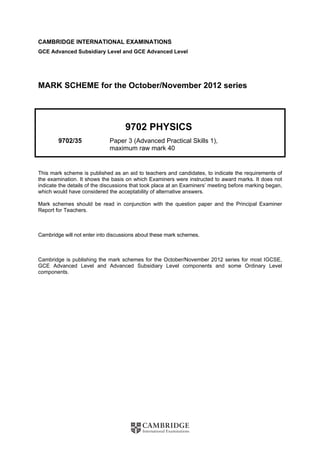 CAMBRIDGE INTERNATIONAL EXAMINATIONS
GCE Advanced Subsidiary Level and GCE Advanced Level
MARK SCHEME for the October/November 2012 series
9702 PHYSICS
9702/35 Paper 3 (Advanced Practical Skills 1),
maximum raw mark 40
This mark scheme is published as an aid to teachers and candidates, to indicate the requirements of
the examination. It shows the basis on which Examiners were instructed to award marks. It does not
indicate the details of the discussions that took place at an Examiners’ meeting before marking began,
which would have considered the acceptability of alternative answers.
Mark schemes should be read in conjunction with the question paper and the Principal Examiner
Report for Teachers.
Cambridge will not enter into discussions about these mark schemes.
Cambridge is publishing the mark schemes for the October/November 2012 series for most IGCSE,
GCE Advanced Level and Advanced Subsidiary Level components and some Ordinary Level
components.
 