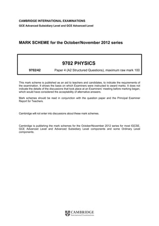 CAMBRIDGE INTERNATIONAL EXAMINATIONS
GCE Advanced Subsidiary Level and GCE Advanced Level
MARK SCHEME for the October/November 2012 series
9702 PHYSICS
9702/42 Paper 4 (A2 Structured Questions), maximum raw mark 100
This mark scheme is published as an aid to teachers and candidates, to indicate the requirements of
the examination. It shows the basis on which Examiners were instructed to award marks. It does not
indicate the details of the discussions that took place at an Examiners’ meeting before marking began,
which would have considered the acceptability of alternative answers.
Mark schemes should be read in conjunction with the question paper and the Principal Examiner
Report for Teachers.
Cambridge will not enter into discussions about these mark schemes.
Cambridge is publishing the mark schemes for the October/November 2012 series for most IGCSE,
GCE Advanced Level and Advanced Subsidiary Level components and some Ordinary Level
components.
 