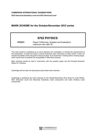 CAMBRIDGE INTERNATIONAL EXAMINATIONS
GCE Advanced Subsidiary Level and GCE Advanced Level
MARK SCHEME for the October/November 2012 series
9702 PHYSICS
9702/51 Paper 5 (Planning, Analysis and Evaluation),
maximum raw mark 30
This mark scheme is published as an aid to teachers and candidates, to indicate the requirements of
the examination. It shows the basis on which Examiners were instructed to award marks. It does not
indicate the details of the discussions that took place at an Examiners’ meeting before marking began,
which would have considered the acceptability of alternative answers.
Mark schemes should be read in conjunction with the question paper and the Principal Examiner
Report for Teachers.
Cambridge will not enter into discussions about these mark schemes.
Cambridge is publishing the mark schemes for the October/November 2012 series for most IGCSE,
GCE Advanced Level and Advanced Subsidiary Level components and some Ordinary Level
components.
 