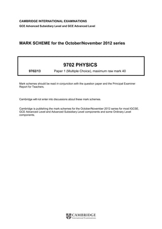 CAMBRIDGE INTERNATIONAL EXAMINATIONS
GCE Advanced Subsidiary Level and GCE Advanced Level
MARK SCHEME for the October/November 2012 series
9702 PHYSICS
9702/13 Paper 1 (Multiple Choice), maximum raw mark 40
Mark schemes should be read in conjunction with the question paper and the Principal Examiner
Report for Teachers.
Cambridge will not enter into discussions about these mark schemes.
Cambridge is publishing the mark schemes for the October/November 2012 series for most IGCSE,
GCE Advanced Level and Advanced Subsidiary Level components and some Ordinary Level
components.
 