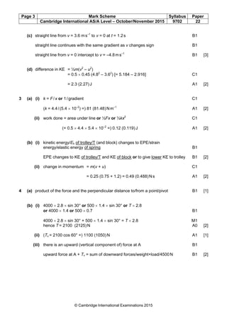 Page 3 Mark Scheme Syllabus Paper
Cambridge International AS/A Level – October/November 2015 9702 22
© Cambridge International Examinations 2015
(c) straight line from v = 3.6 ms–1
to v = 0 at t = 1.2s B1
straight line continues with the same gradient as v changes sign B1
straight line from v = 0 intercept to v = –4.8ms–1
B1 [3]
(d) difference in KE = ½m(v2
– u2
)
= 0.5 × 0.45 (4.82
– 3.62
) [= 5.184 – 2.916] C1
= 2.3 (2.27)J A1 [2]
3 (a) (i) k = F/x or 1/gradient C1
(k = 4.4/(5.4 × 10–2
) =) 81 (81.48)Nm–1
A1 [2]
(ii) work done = area under line or ½Fx or ½kx2
C1
(= 0.5 × 4.4 × 5.4 × 10–2
=) 0.12 (0.119)J A1 [2]
(b) (i) kinetic energy/Ek of trolley/T (and block) changes to EPE/strain
energy/elastic energy of spring B1
EPE changes to KE of trolley/T and KE of block or to give lower KE to trolley B1 [2]
(ii) change in momentum = m(v + u) C1
= 0.25 (0.75 + 1.2) = 0.49 (0.488)Ns A1 [2]
4 (a) product of the force and the perpendicular distance to/from a point/pivot B1 [1]
(b) (i) 4000 × 2.8 × sin 30° or 500 × 1.4 × sin 30° or T × 2.8
or 4000 × 1.4 or 500 × 0.7 B1
4000 × 2.8 × sin 30° + 500 × 1.4 × sin 30° = T × 2.8 M1
hence T = 2100 (2125)N A0 [2]
(ii) (Tv = 2100 cos 60° =) 1100 (1050)N A1 [1]
(iii) there is an upward (vertical component of) force at A B1
upward force at A + Tv = sum of downward forces/weight+load/4500N B1 [2]
 