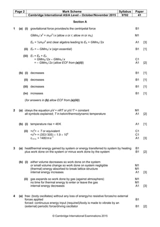 Page 2 Mark Scheme Syllabus Paper
Cambridge International AS/A Level – October/November 2015 9702 41
© Cambridge International Examinations 2015
Section A
1 (a) (i) gravitational force provides/is the centripetal force B1
GMmS /x2
= mSv2
/x (allow x or r; allow m or mS) M1
EK = ½mSv2
and clear algebra leading to EK = GMmS /2x A1 [3]
(ii) EP = – GMmS /x (sign essential) B1 [1]
(iii) ET = EK + EP
= GMmS /2x – GMmS /x C1
= – GMmS /2x (allow ECF from (a)(ii)) A1 [2]
(b) (i) decreases B1 [1]
(ii) decreases B1 [1]
(iii) decreases B1 [1]
(iv) increases B1 [1]
(for answers in (b) allow ECF from (a)(iii))
2 (a) obeys the equation pV = nRT or pV/T = constant M1
all symbols explained; T in kelvin/thermodynamic temperature A1 [2]
(b) (i) temperature rise = 48K A1 [1]
(ii) <c2
> ∝ T or equivalent C1
<c2
> = (353/305) × 1.9 × 106
C1
cr.m.s. = 1480ms–1
A1 [3]
3 (a) heat/thermal energy gained by system or energy transferred to system by heating B1
plus work done on the system or minus work done by the system B1 [2]
(b) (i) either volume decreases so work done on the system
or small volume change so work done on system negligible M1
(thermal) energy absorbed to break lattice structure M1
internal energy increases A1 [3]
(ii) gas expands so work done by gas (against atmosphere) M1
no time for thermal energy to enter or leave the gas M1
internal energy decreases A1 [3]
4 (a) free: (body oscillates) without any loss of energy/no resistive forces/no external
forces applied B1
forced: continuous energy input (required)/body is made to vibrate by an
(external) periodic force/driving oscillator B1 [2]
 