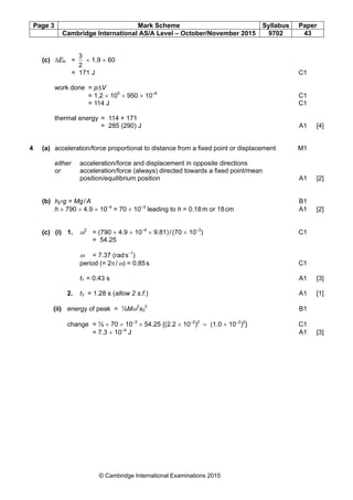 Page 3 Mark Scheme Syllabus Paper
Cambridge International AS/A Level – October/November 2015 9702 43
© Cambridge International Examinations 2015
(c) ∆EK =
2
3
× 1.9 × 60
= 171 J C1
work done = p∆V
= 1.2 × 105
× 950 × 10–6
C1
= 114 J C1
thermal energy = 114 + 171
= 285 (290) J A1 [4]
4 (a) acceleration/force proportional to distance from a fixed point or displacement M1
either acceleration/force and displacement in opposite directions
or acceleration/force (always) directed towards a fixed point/mean
position/equilibrium position A1 [2]
(b) hρg = Mg/A B1
h × 790 × 4.9 × 10–4
= 70 × 10–3
leading to h = 0.18m or 18cm A1 [2]
(c) (i) 1. ω2
= (790 × 4.9 × 10–4
× 9.81)/(70 × 10–3
) C1
= 54.25
ω = 7.37 (rads–1
)
period (= 2π/ω) = 0.85s C1
t1 = 0.43 s A1 [3]
2. t3 = 1.28 s (allow 2 s.f.) A1 [1]
(ii) energy of peak = ½Mω2
x0
2
B1
change = ½ × 70 × 10–3
× 54.25 {(2.2 × 10–2
)2
– (1.0 × 10–2
)2
} C1
= 7.3 × 10–4
J A1 [3]
 