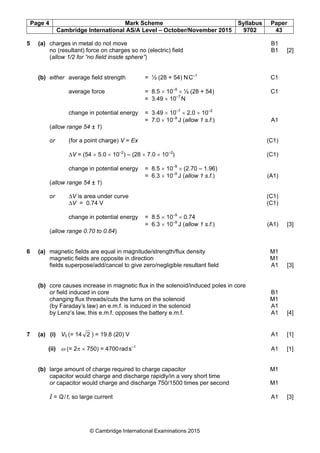 Page 4 Mark Scheme Syllabus Paper
Cambridge International AS/A Level – October/November 2015 9702 43
© Cambridge International Examinations 2015
5 (a) charges in metal do not move B1
no (resultant) force on charges so no (electric) field B1 [2]
(allow 1/2 for “no field inside sphere”)
(b) either average field strength = ½ (28 + 54) NC–1
C1
average force = 8.5 × 10–9
× ½ (28 + 54) C1
= 3.49 × 10–7
N
change in potential energy = 3.49 × 10–7
× 2.0 × 10–2
= 7.0 × 10–9
J (allow 1 s.f.) A1
(allow range 54 ± 1)
or (for a point charge) V = Ex (C1)
∆V = (54 × 5.0 × 10–2
) – (28 × 7.0 × 10–2
) (C1)
change in potential energy = 8.5 × 10–9
× (2.70 – 1.96)
= 6.3 × 10–9
J (allow 1 s.f.) (A1)
(allow range 54 ± 1)
or ∆V is area under curve (C1)
∆V = 0.74 V (C1)
change in potential energy = 8.5 × 10–9
× 0.74
= 6.3 × 10–9
J (allow 1 s.f.) (A1) [3]
(allow range 0.70 to 0.84)
6 (a) magnetic fields are equal in magnitude/strength/flux density M1
magnetic fields are opposite in direction M1
fields superpose/add/cancel to give zero/negligible resultant field A1 [3]
(b) core causes increase in magnetic flux in the solenoid/induced poles in core
or field induced in core B1
changing flux threads/cuts the turns on the solenoid M1
(by Faraday’s law) an e.m.f. is induced in the solenoid A1
by Lenz’s law, this e.m.f. opposes the battery e.m.f. A1 [4]
7 (a) (i) V0 (= 14 2 ) = 19.8 (20) V A1 [1]
(ii) ω (= 2π × 750) = 4700rads–1
A1 [1]
(b) large amount of charge required to charge capacitor M1
capacitor would charge and discharge rapidly/in a very short time
or capacitor would charge and discharge 750/1500 times per second M1
I = Q/t, so large current A1 [3]
 