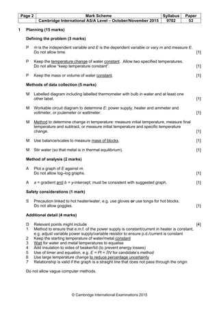 Page 2 Mark Scheme Syllabus Paper
Cambridge International AS/A Level – October/November 2015 9702 53
© Cambridge International Examinations 2015
1 Planning (15 marks)
Defining the problem (3 marks)
P m is the independent variable and E is the dependent variable or vary m and measure E.
Do not allow time. [1]
P Keep the temperature change of water constant. Allow two specified temperatures.
Do not allow “keep temperature constant”. [1]
P Keep the mass or volume of water constant. [1]
Methods of data collection (5 marks)
M Labelled diagram including labelled thermometer with bulb in water and at least one
other label. [1]
M Workable circuit diagram to determine E: power supply, heater and ammeter and
voltmeter, or joulemeter or wattmeter. [1]
M Method to determine change in temperature: measure initial temperature, measure final
temperature and subtract, or measure initial temperature and specific temperature
change. [1]
M Use balance/scales to measure mass of blocks. [1]
M Stir water (so that metal is in thermal equilibrium). [1]
Method of analysis (2 marks)
A Plot a graph of E against m.
Do not allow log–log graphs. [1]
A a = gradient and b = y-intercept; must be consistent with suggested graph. [1]
Safety considerations (1 mark)
S Precaution linked to hot heater/water, e.g. use gloves or use tongs for hot blocks.
Do not allow goggles. [1]
Additional detail (4 marks)
D Relevant points might include [4]
1 Method to ensure that e.m.f. of the power supply is constant/current in heater is constant,
e.g. adjust variable power supply/variable resistor to ensure p.d./current is constant
2 Keep the starting temperature of water/metal constant
3 Wait for water and metal temperatures to equalise
4 Add insulation to sides of beaker/lid (to prevent energy losses)
5 Use of timer and equation, e.g. E = Pt = ItV for candidate’s method
6 Use large temperature change to reduce percentage uncertainty
7 Relationship is valid if the graph is a straight line that does not pass through the origin
Do not allow vague computer methods.
 