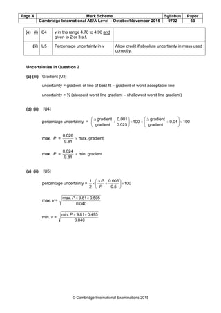 Page 4 Mark Scheme Syllabus Paper
Cambridge International AS/A Level – October/November 2015 9702 53
© Cambridge International Examinations 2015
(e) (i) C4 v in the range 4.70 to 4.90 and
given to 2 or 3 s.f.
(ii) U5 Percentage uncertainty in v Allow credit if absolute uncertainty in mass used
correctly.
Uncertainties in Question 2
(c) (iii) Gradient [U3]
uncertainty = gradient of line of best fit – gradient of worst acceptable line
uncertainty = ½ (steepest worst line gradient – shallowest worst line gradient)
(d) (ii) [U4]
percentage uncertainty = 10004.0
gradient
gradient
100
0.025
0.001
gradient
gradient
×





+
∆
=×





+
∆
max. P =
9.81
0.026
× max. gradient
max. P =
9.81
0.024
× min. gradient
(e) (ii) [U5]
percentage uncertainty = 100
0.5
0.005
2
1
×





+
∆
×
P
P
max. v =
0.040
0.5059.81max. ××P
min. v =
0.040
0.4959.81min. ××P
 