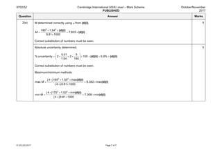9702/52 Cambridge International AS/A Level – Mark Scheme
PUBLISHED
October/November
2017
© UCLES 2017 Page 7 of 7
Question Answer Marks
2(e) M determined correctly using µ from (d)(i).
2 2
180 1.54
7.833
9.81 1000
M
× ×
= = ×
×
(d)(i)
(d)(i)
Correct substitution of numbers must be seen.
1
Absolute uncertainty determined.
0.01 5
% uncertainty 2 2 100 6.9%
1.54 180
 
= × + × × + = + 
 
(d)(ii) (d)(ii)
Correct substitution of numbers must be seen.
Maximum/minimum methods:
( )
( )
2 2
4 185 1.55 max
max 8.382 max
4 9.81 1000
M
× × ×
= = ×
× ×
(d)(i)
(d)(i)
( )
( )
2 2
4 175 1.53 min
min 7.308 min
4 9.81 1000
M
× × ×
= = ×
× ×
(d)(i)
(d)(i)
1
 