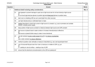 9702/53 Cambridge International AS/A Level – Mark Scheme
PUBLISHED
October/November
2017
© UCLES 2017 Page 3 of 6
Question Answer Marks
1 Additional detail including safety considerations Max. 6
D1 dark glasses to prevent damage to eyes due to light source or do not look directly at light source
or
do not touch hot lamp/use gloves to position hot lamp/heat-proof gloves to position lamp
D2 dark room or shielding LDR (so as to avoid light from other sources)
D3 use high intensity lamp or collimated beam or laser
D4 method described to check that current in light source is constant, e.g. use an ammeter and variable
resistor / variable power supply
D5 keep position of light source constant or distance between light source and LDR constant
D6 light source is placed close to water surface to increase intensity/reduce reflections
or
light source is placed further away to make it more directional
D7 use tall container to give a wide range of d or R or to reduce uncertainties
or
use a wide container to reduce reflections
D8 method to position ruler vertically to measure d described e.g. use a set square/spirit level
D9 use of horizontal fiducial mark from ruler to meniscus or middle of LDR, e.g. pin
or
d = reading on rule at surface – reading at top of LDR
D10 ensure that the electrical connections/wire to the LDR are waterproof
 