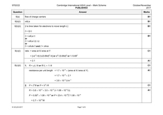 9702/22 Cambridge International AS/A Level – Mark Scheme
PUBLISHED
October/November
2017
© UCLES 2017 Page 7 of 8
Question Answer Marks
6(a) flow of charge carriers B1
6(b)(i) nALe B1
6(b)(ii) (t is time taken for electrons to move length L)
I = Q/t
B1
I = nALe/t
or
I = nALe/(L/v)
or
I = nAvte/t and I = nAve
B1
6(c)(i) ratio = area at X/area at Y
= [πd 2
/4]/[π(0.69d)2
/4] or d2
/(0.69d)2
or 1/0.692
C1
= 2.1 A1
6(c)(ii) 1. R = ρL/A or R/L ∝ 1/A C1
resistance per unit length = 1.7 × 10–2
× (area at X/area at Y)
= 1.7 × 10–2
× 2.1
= 3.6 × 10–2
 Ωm–1
A1
2. P = I2
R or P = V2
/R C1
R = 3.6 × 10–2
× 3.0 × 10–3
(= 1.08 × 10–4
Ω)
P = 0.502
× 1.08 × 10–4
or P = (5.4 × 10–5
)2
/1.08 × 10–4
= 2.7 × 10–5
W
A1
 