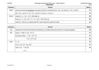 9702/23 Cambridge International AS/A Level – Mark Scheme
PUBLISHED
October/November
2017
© UCLES 2017 Page 4 of 7
Question Answer Marks
3(b)(ii) shows the horizontal momentum component of ball A or of ball B as (4.0 × 6.0 × cos θ) or (12 × 3.5 × cos 30°) C1
(4.0 × 6.0 × cos 61°) + (12 × 3.5 × cos 30°) = 4.0v so v = 12 (ms–1
) A1
3(b)(iii) initial EK (= ½ × 4.0 × 122
) = 290 (288) (J) M1
final EK (= ½ × 4.0 × 6.02
+ ½ × 12 × 3.52
) = 150 (145.5) (J) M1
(initial EK > final EK) so inelastic [both M1 marks required to award this mark] A1
Question Answer Marks
4(a) displacement of particles/vibration(s)/oscillation(s) is parallel to/along the direction of energy/propagation B1
4(b) period = 1 / 800 (= 1.25 × 10–3
s) C1
time-base setting = 1.25 × 10–3
 / 2.5 C1
= 5.0 × 10–4
 s cm–1
A1
4(c)(i) I ∝ A2
C1
(IX /IY =) [rY / rX] 2
= [AX / AY]2
C1
ratio AY / AX = 120 / 30
= 4.0
A1
 