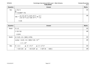 9702/23 Cambridge International AS/A Level – Mark Scheme
PUBLISHED
October/November
2017
© UCLES 2017 Page 6 of 7
Question Answer Marks
5(c) a = Eq / m
or
F = ma and F = Eq
C1
ratio =
− −
− −
× × × ×
× × × ×
19 27
19 27
(2 1.6 10 ) (1.67 10 )
(1.6 10 ) (4 1.66 10 )
or
×
×
2 1
1 4
= 0.50
A1
Question Answer Marks
6(a)(i) P = VI C1
I = 30 / 120
= 0.25 A
A1
6(a)(ii) Q = 0.25 × 3.0 × 3600 (= 2700) C1
number = (0.25 × 3.0 × 3600) / 1.60 × 10–19
= 1.7 × 1022
A1
6(b) R = V / I or R = P / I 2
or R = V 2
/ P C1
= 120 / 0.25 or = 30 / 0.252
or = 1202
/ 30 = 480 Ω A1
 