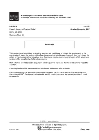 ® IGCSE is a registered trademark.
This document consists of 5 printed pages.
© UCLES 2017 [Turn over
Cambridge Assessment International Education
Cambridge International Advanced Subsidiary and Advanced Level
PHYSICS 9702/31
Paper 3 Advanced Practical Skills 1 October/November 2017
MARK SCHEME
Maximum Mark: 40
Published
This mark scheme is published as an aid to teachers and candidates, to indicate the requirements of the
examination. It shows the basis on which Examiners were instructed to award marks. It does not indicate the
details of the discussions that took place at an Examiners’ meeting before marking began, which would have
considered the acceptability of alternative answers.
Mark schemes should be read in conjunction with the question paper and the Principal Examiner Report for
Teachers.
Cambridge International will not enter into discussions about these mark schemes.
Cambridge International is publishing the mark schemes for the October/November 2017 series for most
Cambridge IGCSE®
, Cambridge International A and AS Level components and some Cambridge O Level
components.
 