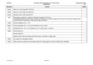 9702/33 Cambridge International AS/A Level – Mark Scheme
PUBLISHED
October/November
2017
© UCLES 2017 Page 5 of 6
Question Answer Marks
2(a)(ii) Value of c in the range 95.0–100.0 cm. 1
2(c)(ii) Value of x in the range 75.0–85.0 cm. 1
2(c)(iv) Value(s) of raw z to the nearest mm. 1
2(d) Percentage uncertainty in z based on absolute uncertainty of 2–5 mm.
If repeated readings have been taken, then the uncertainty can be half the range (but not zero) if the working is clearly shown.
Correct method of calculation to obtain percentage uncertainty.
1
2(e)(i) Correct calculation of (x – c / 2). 1
2(e)(ii) Correct calculation of (z – y) / m and consistent unit e.g. cm kg–1
. 1
2(f) Justification for s.f. in (z – y) / m linked to s.f. in z, y and m or (z – y) and m. 1
2(g)(ii) Second value of x. 1
Second value of z. 1
Quality: second value of z greater than first value of z (provided m in (g) > (c)). 1
2(h)(i) Two values of k calculated correctly. 1
2(h)(ii) Valid comment consistent with calculated values of k, testing against a criterion stated by the candidate. 1
 