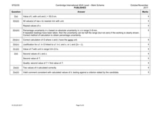 9702/35 Cambridge International AS/A Level – Mark Scheme
PUBLISHED
October/November
2017
© UCLES 2017 Page 5 of 6
Question Answer Marks
2(a) Value of L with unit and L < 50.0 cm. 1
2(b)(ii) All value(s) of raw x to nearest mm with unit. 1
Repeat values of x. 1
2(b)(iii) Percentage uncertainty in x based on absolute uncertainty in x in range 2–8 mm.
If repeated readings have been taken, then the uncertainty can be half the range (but not zero) if the working is clearly shown.
Correct method of calculation to obtain percentage uncertainty.
1
2(b)(iv) Correct calculation of G where x and L have the same unit. 1
2(b)(v) Justification for s.f. in G linked to s.f. in L and x, or L and (2x – L). 1
2(c)(ii) Value of T with unit in range 0.8–2.0 s. 1
2(d) Second values of L and x. 1
Second value of T. 1
Quality: second value of T < first value of T. 1
2(e)(i) Two values of k calculated correctly. 1
2(e)(ii) Valid comment consistent with calculated values of k, testing against a criterion stated by the candidate. 1
 