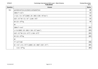 9702/41 Cambridge International AS/A Level – Mark Scheme
PUBLISHED
October/November
2017
© UCLES 2017 Page 5 of 13
Question Answer Marks
3(c) gravitational force provides/is centripetal force B1
GMm/r2
= mv2
/ r C1
v = (2π × 1.5 × 1011
)/(3600 × 24 × 365) = 2.99 × 104
(ms–1
) C1
6.67 × 10–11
M = 1.5 × 1011
× (2.99 × 104
)2
C1
M = 2.0 × 1030
 kg A1
or
GMm/ r2
= mrω2
(C1)
ω = 2π/ (3600 × 24 × 365) = 1.99 × 10–7
(rads–1
) (C1)
6.67 × 10–11
M = (1.5 × 1011
)3
× (1.99 × 10–7
)2
(C1)
M = 2.0 × 1030
 kg (A1)
or
T2
= 4π2
r3
/GM (C2)
M = 4π2
× (1.5 × 1011
)3
/ ({3600 × 24 × 365}2
× 6.67 × 10–11
) (C1)
= 2.0 × 1030
 kg (A1)
 