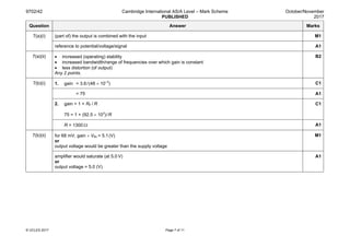 9702/42 Cambridge International AS/A Level – Mark Scheme
PUBLISHED
October/November
2017
© UCLES 2017 Page 7 of 11
Question Answer Marks
7(a)(i) (part of) the output is combined with the input M1
reference to potential/voltage/signal A1
7(a)(ii) • increased (operating) stability
• increased bandwidth/range of frequencies over which gain is constant
• less distortion (of output)
Any 2 points.
B2
7(b)(i) 1. gain = 3.6/ (48 × 10–3
) C1
= 75 A1
2. gain = 1 + RF / R
75 = 1 + (92.5 × 103
) /R
C1
R = 1300 Ω A1
7(b)(ii) for 68 mV, gain × VIN = 5.1(V)
or
output voltage would be greater than the supply voltage
M1
amplifier would saturate (at 5.0 V)
or
output voltage = 5.0 (V)
A1
 