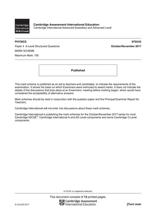 ® IGCSE is a registered trademark.
This document consists of 13 printed pages.
© UCLES 2017 [Turn over
Cambridge Assessment International Education
Cambridge International Advanced Subsidiary and Advanced Level
PHYSICS 9702/43
Paper 4 A Level Structured Questions October/November 2017
MARK SCHEME
Maximum Mark: 100
Published
This mark scheme is published as an aid to teachers and candidates, to indicate the requirements of the
examination. It shows the basis on which Examiners were instructed to award marks. It does not indicate the
details of the discussions that took place at an Examiners’ meeting before marking began, which would have
considered the acceptability of alternative answers.
Mark schemes should be read in conjunction with the question paper and the Principal Examiner Report for
Teachers.
Cambridge International will not enter into discussions about these mark schemes.
Cambridge International is publishing the mark schemes for the October/November 2017 series for most
Cambridge IGCSE®
, Cambridge International A and AS Level components and some Cambridge O Level
components.
 