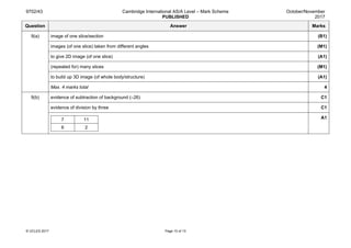 9702/43 Cambridge International AS/A Level – Mark Scheme
PUBLISHED
October/November
2017
© UCLES 2017 Page 10 of 13
Question Answer Marks
9(a) image of one slice/section (B1)
images (of one slice) taken from different angles (M1)
to give 2D image (of one slice) (A1)
(repeated for) many slices (M1)
to build up 3D image (of whole body/structure) (A1)
Max. 4 marks total 4
9(b) evidence of subtraction of background (–26) C1
evidence of division by three C1
7 11
6 2
A1
 