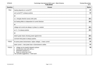 9702/43 Cambridge International AS/A Level – Mark Scheme
PUBLISHED
October/November
2017
© UCLES 2017 Page 11 of 13
Question Answer Marks
10(a) heating depends on current2
/I2
B1
and current2
/I2
is always positive B1
or
a.c. changes direction (every half cycle) (B1)
but heating effect is independent of current direction (B1)
or
voltage and current are always in phase in a resistor (B1)
so V × I is always positive (B1)
or
sketch graph drawn showing power against time (B1)
comment that power is always positive (B1)
10(b)(i) for same power (transmission, higher voltage) → lower current B1
lower current → less power loss in (transmission) cables B1
10(b)(ii) • voltage can be (easily) stepped up/down
• transformers only work with a.c.
• generators produce a.c.
• easier to rectify than invert
Two sensible suggestions, 1 mark each.
B2
 