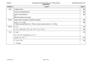 9702/43 Cambridge International AS/A Level – Mark Scheme
PUBLISHED
October/November 2018
© UCLES 2018 Page 12 of 12
Question Answer Marks
12(a) unstable nucleus B1
emission of particles/photons B1
emission is spontaneous
or
(particles/radiation) are ionising
B1
12(b)(i) tangent drawn and gradient calculation attempted B1
activity = 1.3 × 106
 Bq
(1 mark for answer within ±0.2 × 106
 Bq, 2 marks for answer within ±0.1 × 106
 Bq)
A2
12(b)(ii) A = λN C1
λ = (1.3 × 106
)/(3.05 × 1010
) = 4.3 × 10–5
s–1
(≈ 4 × 10–5
s–1
) A1
12(c) A = A0e–λt
1.0 × 103
= 4.6 × 103
exp(–5.5 × 10–7
× t)
C1
ln (4.6) = 5.5 × 10–7
× t C1
t = 2.78 × 106
s
= 32 days
A1
 