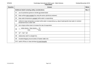 9702/52 Cambridge International AS/A Level – Mark Scheme
PUBLISHED
October/November 2018
© UCLES 2018 Page 5 of 8
Question Answer Marks
Additional detail including safety considerations Max. 6
D1 use of (protective) gloves to handle hot beaker/water
D2 keep surface area constant (by using the same cylindrical container)
D3 keep water temperature constant (while water is evaporating)
D4 method to keep temperature constant while water is evaporating e.g. adjust heater/gently heat water to maintain
temperature/use a water bath
D5 use a large surface area to increase the rate of evaporation
D6
initial volume final volume V
or
time time
Y
− ∆
=
D7 lg lg lgY s kθ= +
D8 relationship valid if a straight line
D9 insulation/lagging around (sides) of beaker (not a lid)
D10 switch off fans or close windows to avoid draughts
 