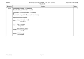 9702/53 Cambridge International AS/A Level – Mark Scheme
PUBLISHED
October/November 2018
© UCLES 2018 Page 9 of 9
Question Answer Marks
2(d)(ii) Percentage uncertainty in a determined.
Correct substitution of numbers required.
%uncertainty in Q + %uncertainty in y-intercept
or
%uncertainty in gradient + %uncertainty in y-intercept
Maximum/minimum methods:
10
max -intercept max
max
1.11 10
y Q
a −
×
=
×
max -intercept
max
mingradient
y
a =
10
min -intercept min
min
1.11 10
y Q
a −
×
=
×
min -intercept
min
max gradient
y
a =
1
 