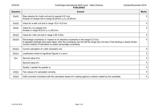 9702/34 Cambridge International AS/A Level – Mark Scheme
PUBLISHED
October/November 2018
© UCLES 2018 Page 7 of 8
Question Answer Marks
2(a)(i) Raw value(s) for d with unit and to nearest 0.01 mm.
Answer on answer line in range 20.00mm ⩽ d ⩽ 30.00mm.
1
2(a)(ii) Value for w with unit and in range 10.0–15.0 mm. 1
2(b)(i) Value for x to nearest mm.
Answer in range 55.0cm ⩽ x ⩽ 65.0cm.
1
2(b)(ii) Value for t with unit and in range 2.00–4.00s. 1
2(b)(iii) Percentage uncertainty in t based on an absolute uncertainty in the range 0.2–0.5s.
If repeated readings have been taken, then the uncertainty can be half the range (but not zero) if the working is clearly shown.
Correct method of calculation to obtain percentage uncertainty.
1
2(b)(iv) Correct calculation of v with consistent unit. 1
2(b)(v) Justification linked to significant figures in x and t. 1
2(c) Second value of w. 1
Second value of t. 1
Quality: t greater for greater w. 1
2(d)(i) Two values of k calculated correctly. 1
2(d)(ii) Valid comment consistent with the calculated values of k, testing against a criterion stated by the candidate. 1
 