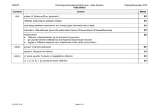 9702/41 Cambridge International AS/A Level – Mark Scheme
PUBLISHED
October/November 2018
© UCLES 2018 Page 6 of 12
Question Answer Marks
4(a) pulses (of ultrasound from generator) B1
reflected at boundaries (between media) B1
time delay (between transmission and receipt) gives information about depth B1
intensity of reflected pulse gives information about nature (of tissues)/type (of tissues)/boundary B1
Any two from:
• (reflected pulses) detected by the (ultrasound) generator
• gel used to minimise reflection at skin/maximise transmission into skin
• degree of reflection depends upon impedances of two media (at boundary)
B2
4(b)(i) product of density and speed M1
speed of ultrasound in medium A1
4(b)(ii) Z1 about equal to Z2 results in negligible/no reflection B1
Z1 ≫ Z2 (or Z1 ≪ Z2) results in mostly reflection B1
 