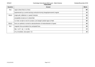 9702/41 Cambridge International AS/A Level – Mark Scheme
PUBLISHED
October/November 2018
© UCLES 2018 Page 9 of 12
Question Answer Marks
8(a) region where there is a force M1
experienced by a current-carrying conductor/moving charge/(permanent) magnet A1
8(b)(i) single path, deflection in ‘upward’ direction B1
acceptable circular arc in whole field B1
no ‘kinks’ at start or end of curvature, and straight outside region of field B1
8(b)(ii) force (on particle) is normal to velocity/direction of motion/direction of speed B1
8(c) magnetic force provides/is the centripetal force B1
Bqv = mv2
/r or r = mv/Bq C1
(if q is doubled), new speed = 2v A1
 
