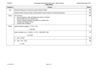 9702/42 Cambridge International AS/A Level – Mark Scheme
PUBLISHED
October/November 2018
© UCLES 2018 Page 6 of 14
Question Answer Marks
3(a) (thermal) energy per unit mass (to cause change of state) B1
(energy transfer during) change of state between solid and liquid at constant temperature B1
3(b)(i) Any one from:
• rate of increase in mass (of beaker and water) is constant
• level of water rises at a constant rate
• volume of water (in beaker) increases at a constant rate
• constant time between drops
• constant rate of dripping
B1
3(b)(ii) (electrical power supplied =) 12.8 × 4.60
(= 58.9W)
C1
(rate of transfer to ice =) [(185.0 – 121.5) × 332]/[5.00 × 60]
(= 70.3W)
C1
1. rate = 70.3W A1
2. rate = 70.3 – 58.9
= 11.4W
A1
 