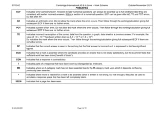 9702/42 Cambridge International AS & A Level – Mark Scheme
PUBLISHED
October/November 2021
© UCLES 2021 Page 6 of 19
ECF Indicates ‘error carried forward’. Answers to later numerical questions can always be awarded up to full credit provided they are
consistent with earlier incorrect answers. Within a section of a numerical question, ECF can be given after AE, TE and POT errors,
but not after XP.
AE Indicates an arithmetic error. Do not allow the mark where the error occurs. Then follow through the working/calculation giving full
subsequent ECF if there are no further errors.
POT Indicates a power of ten error. Do not allow the mark where the error occurs. Then follow through the working/calculation giving full
subsequent ECF if there are no further errors.
TE Indicates incorrect transcription of the correct data from the question, a graph, data sheet or a previous answer. For example, the
value of 1.6 × 10–19 has been written down as 6.1 × 10–19 or 1.6 × 1019.
Do not allow the mark where the error occurs. Then follow through the working/calculation giving full subsequent ECF if there are
no further errors.
SF Indicates that the correct answer is seen in the working but the final answer is incorrect as it is expressed to too few significant
figures.
BOD Indicates that a mark is awarded where the candidate provides an answer that is not totally satisfactory, but the examiner feels that
sufficient work has been done (‘benefit of doubt’).
CON Indicates that a response is contradictory.
I Indicates parts of a response that have been seen but disregarded as irrelevant.
M0 Indicates where an A category mark has not been awarded due to the M category mark upon which it depends not having
previously been awarded.
^ Indicates where more is needed for a mark to be awarded (what is written is not wrong, but not enough). May also be used to
annotate a response space that has been left completely blank.
SEEN Indicates that a page has been seen.
 