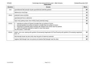 9702/42 Cambridge International AS & A Level – Mark Scheme
PUBLISHED
October/November 2021
© UCLES 2021 Page 8 of 19
Question Answer Marks
2(a) (gravitational) field strength equals (gravitational) potential gradient M1
reference to minus sign A1
2(b)(i) potential is zero at infinity B1
(gravitational) force is attractive B1
(test) mass getting closer (from infinity) loses potential energy B1
2(b)(ii) • potential at (surface of) planet is smaller than at (surface of) moon
• potential gradient at (surface of) planet is smaller than at (surface of) moon
• magnitude of potential varies inversely with distance from centre near the spheres
• (point of) maximum potential is nearer to moon than planet
Any two points, 1 mark each
B2
2(b)(iii) sketch: one curve, starting with gradient of decreasing magnitude at 2R and finishing with gradient of increasing magnitude
at D – R
B1
field strength shown as zero (only) near the point of maximum potential B1
negative field strength near one sphere and positive field strength near the other B1
 