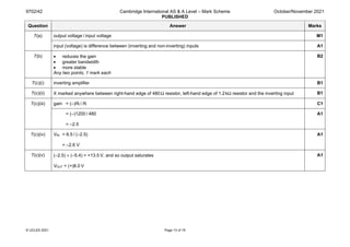 9702/42 Cambridge International AS & A Level – Mark Scheme
PUBLISHED
October/November 2021
© UCLES 2021 Page 13 of 19
Question Answer Marks
7(a) output voltage / input voltage M1
input (voltage) is difference between (inverting and non-inverting) inputs A1
7(b) • reduces the gain
• greater bandwidth
• more stable
Any two points, 1 mark each
B2
7(c)(i) inverting amplifier B1
7(c)(ii) X marked anywhere between right-hand edge of 480Ω resistor, left-hand edge of 1.2kΩ resistor and the inverting input B1
7(c)(iii) gain = (–)Rf / Ri C1
= (–)1200 / 480
= –2.5
A1
7(c)(iv) VIN = 6.5 / (–2.5)
= –2.6 V
A1
7(c)(v) (–2.5) × (–5.4) = +13.5 V, and so output saturates
VOUT = (+)8.0 V
A1
 
