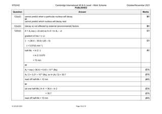 9702/42 Cambridge International AS & A Level – Mark Scheme
PUBLISHED
October/November 2021
© UCLES 2021 Page 18 of 19
Question Answer Marks
12(a)(i) cannot predict when a particular nucleus will decay
or
cannot predict which nucleus will decay next
B1
12(a)(ii) (decay is) not affected by external (environmental) factors B1
12(b)(i) A = A0 exp (–λt) and so ln A = ln A0 – λt
gradient of line = (–)λ
C1
λ = (36.4 – 35.0) / (20 – 0)
( = 0.07(0) min–1)
C1
half-life = ln 2 / λ
= ln 2 / 0.070
= 10 min
A1
or
A0 = exp (–36.4) = 6.43 × 1015 (Bq) (C1)
A0 / 2 = 3.21 × 1015 (Bq), so ln (A0 / 2) = 35.7 (C1)
read off half-life = 10 min (A1)
or
(at one half-life,) ln A = 36.4 – ln 2 (C1)
= 35.7 (C1)
read off half-life = 10 min (A1)
 