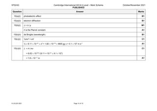 9702/43 Cambridge International AS & A Level – Mark Scheme
PUBLISHED
October/November 2021
© UCLES 2021 Page 14 of 15
Question Answer Marks
10(a)(i) photoelectric effect B1
10(a)(ii) electron diffraction B1
10(b)(i) λ = h / p M1
h is the Planck constant A1
10(b)(ii) de Broglie (wavelength) B1
10(c)(i) ½mv2 = eV C1
½ × 9.11 × 10–31 × v2 = 1.60 × 10–19 × 4800 so v = 4.1 × 107 m s–1 A1
10(c)(ii) λ = h / mv
= 6.63 × 10–34 / (9.11 × 10–31 × 4.1 × 107)
C1
= 1.8 × 10–11 m A1
 