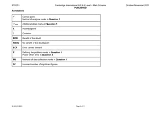 9702/51 Cambridge International AS & A Level – Mark Scheme
PUBLISHED
October/November 2021
© UCLES 2021 Page 5 of 11
Annotations
 Correct point
Method of analysis marks in Question 1
1–10 Additional detail marks in Question 1
X Incorrect point
^ Omission
BOD Benefit of the doubt
NBOD No benefit of the doubt given
ECF Error carried forward
P Defining the problem marks in Question 1
Power of ten error in Question 2
M0 Methods of data collection marks in Question 1
SF Incorrect number of significant figures
 