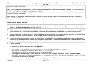 9702/52 Cambridge International AS & A Level – Mark Scheme
PUBLISHED
October/November 2021
© UCLES 2021 Page 3 of 10
GENERIC MARKING PRINCIPLE 5:
Marks should be awarded using the full range of marks defined in the mark scheme for the question (however; the use of the full mark range may
be limited according to the quality of the candidate responses seen).
GENERIC MARKING PRINCIPLE 6:
Marks awarded are based solely on the requirements as defined in the mark scheme. Marks should not be awarded with grade thresholds or
grade descriptors in mind.
Science-Specific Marking Principles
1 Examiners should consider the context and scientific use of any keywords when awarding marks. Although keywords may be present, marks
should not be awarded if the keywords are used incorrectly.
2 The examiner should not choose between contradictory statements given in the same question part, and credit should not be awarded for any
correct statement that is contradicted within the same question part. Wrong science that is irrelevant to the question should be ignored.
3 Although spellings do not have to be correct, spellings of syllabus terms must allow for clear and unambiguous separation from other syllabus
terms with which they may be confused (e.g. ethane / ethene, glucagon / glycogen, refraction / reflection).
4 The error carried forward (ecf) principle should be applied, where appropriate. If an incorrect answer is subsequently used in a scientifically
correct way, the candidate should be awarded these subsequent marking points. Further guidance will be included in the mark scheme where
necessary and any exceptions to this general principle will be noted.
5 ‘List rule’ guidance
For questions that require n responses (e.g. State two reasons …):
• The response should be read as continuous prose, even when numbered answer spaces are provided.
• Any response marked ignore in the mark scheme should not count towards n.
• Incorrect responses should not be awarded credit but will still count towards n.
• Read the entire response to check for any responses that contradict those that would otherwise be credited. Credit should not be
awarded for any responses that are contradicted within the rest of the response. Where two responses contradict one another, this should
be treated as a single incorrect response.
• Non-contradictory responses after the first n responses may be ignored even if they include incorrect science.
 