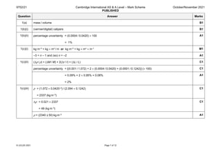 9702/21 Cambridge International AS & A Level – Mark Scheme
PUBLISHED
October/November 2021
© UCLES 2021 Page 7 of 12
Question Answer Marks
1(a) mass / volume B1
1(b)(i) (vernier/digital) calipers B1
1(b)(ii) percentage uncertainty = (0.0004 / 0.0420) × 100
= 1%
A1
1(c)(i) kg m–3 = kg × mn / m or kg m–3 = kg × mn × m–1 M1
–3 = n – 1 and (so) n = –2 A1
1(c)(ii) (Δρ /ρ) = (ΔM / M) + 2(Δr / r) + (ΔL / L) C1
percentage uncertainty = [(0.001 / 1.072) + 2 × (0.0004 / 0.0420) + (0.0001 / 0.1242)] (× 100) C1
= 0.09% + 2 × 0.95% + 0.08%
= 2%
A1
1(c)(iii) ρ = (1.072 × 0.0420–2) / (2.094 × 0.1242)
= 2337 (kg m–3)
C1
∆ρ = 0.021 × 2337
= 49 (kg m–3)
C1
ρ = (2340 ± 50) kg m–3 A1
 