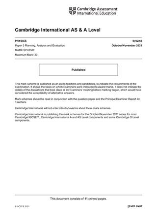 This document consists of 11 printed pages.
© UCLES 2021 [Turn over
Cambridge International AS & A Level
PHYSICS 9702/53
Paper 5 Planning, Analysis and Evaluation October/November 2021
MARK SCHEME
Maximum Mark: 30
Published
This mark scheme is published as an aid to teachers and candidates, to indicate the requirements of the
examination. It shows the basis on which Examiners were instructed to award marks. It does not indicate the
details of the discussions that took place at an Examiners’ meeting before marking began, which would have
considered the acceptability of alternative answers.
Mark schemes should be read in conjunction with the question paper and the Principal Examiner Report for
Teachers.
Cambridge International will not enter into discussions about these mark schemes.
Cambridge International is publishing the mark schemes for the October/November 2021 series for most
Cambridge IGCSE™, Cambridge International A and AS Level components and some Cambridge O Level
components.
 