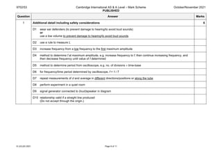 9702/53 Cambridge International AS & A Level – Mark Scheme
PUBLISHED
October/November 2021
© UCLES 2021 Page 8 of 11
Question Answer Marks
1 Additional detail including safety considerations 6
D1 wear ear defenders (to prevent damage to hearing/to avoid loud sounds)
or
use a low volume to prevent damage to hearing/to avoid loud sounds
D2 use a rule to measure L
D3 increase frequency from a low frequency to the first maximum amplitude
D4 method to determine f at maximum amplitude, e.g. increase frequency to f, then continue increasing frequency, and
then decrease frequency until value of f determined
D5 method to determine period from oscilloscope, e.g. no. of divisions × time-base
D6 for frequency/time period determined by oscilloscope, f = 1 / T
D7 repeat measurements of d and average in different directions/positions or along the tube
D8 perform experiment in a quiet room
D9 signal generator connected to (loud)speaker in diagram
D10 relationship valid if a straight line produced
(Do not accept through the origin.)
 