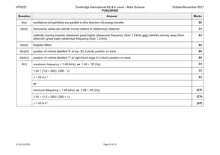 9702/21 Cambridge International AS & A Level – Mark Scheme
PUBLISHED
October/November 2021
© UCLES 2021 Page 10 of 12
Question Answer Marks
4(a) oscillations (of particles) are parallel to (the direction of) energy transfer B1
4(b)(i) (frequency varies as) vehicle moves relative to (stationary) observer C1
(vehicle) moving towards (observer) gives higher (observed) frequency (than 1.2 kHz) and (vehicle) moving away (from
observer) gives lower (observed) frequency (than 1.2 kHz)
A1
4(b)(ii) Doppler effect B1
4(b)(iii) position of vehicle labelled ‘X’ at top (12 o’clock) position on track B1
4(b)(iv) position of vehicle labelled ‘Y’ at right-hand edge (3 o’clock) position on track B1
4(c) maximum frequency = 1.40 (kHz) or 1.40 × 103 (Hz) C1
1.40 = (1.2 × 320) / (320 – v) C1
v = 46 m s–1 A1
or
minimum frequency = 1.05 (kHz) or 1.05 × 103 (Hz) (C1)
1.05 = (1.2 × 320) / (320 + v) (C1)
v = 46 m s–1 (A1)
 