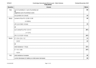 9702/21 Cambridge International AS & A Level – Mark Scheme
PUBLISHED
October/November 2021
© UCLES 2021 Page 11 of 12
Question Answer Marks
5(a) sum of current(s) in = sum of current(s) out
or
(algebraic) sum of current(s) is zero
M1
at a junction (in a circuit) A1
5(b)(i) (current in R4 or R1 =) 0.30 + 0.30
(= 0.60 A)
B1
(R =) 2.4 / 0.60 = 4.0 (Ω) A1
or
(p.d. across R3 or R2 =) 2.4 / 2
(= 1.2 V)
(B1)
(R =) 1.2 / 0.30 = 4.0 (Ω) (A1)
5(b)(ii) E = 2.4 + 2.4 + 1.2 C1
= 6.0 V A1
or
total resistance = 10 (Ω) (C1)
E = 10 × 0.60
= 6.0 V
(A1)
5(c) total resistance increases B1
current decreases (in battery) so total power decreases B1
 