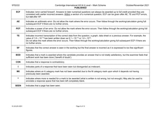 9702/22 Cambridge International AS & A Level – Mark Scheme
PUBLISHED
October/November 2021
© UCLES 2021 Page 6 of 12
ECF Indicates ‘error carried forward’. Answers to later numerical questions can always be awarded up to full credit provided they are
consistent with earlier incorrect answers. Within a section of a numerical question, ECF can be given after AE, TE and POT errors,
but not after XP.
AE Indicates an arithmetic error. Do not allow the mark where the error occurs. Then follow through the working/calculation giving full
subsequent ECF if there are no further errors.
POT Indicates a power of ten error. Do not allow the mark where the error occurs. Then follow through the working/calculation giving full
subsequent ECF if there are no further errors.
TE Indicates incorrect transcription of the correct data from the question, a graph, data sheet or a previous answer. For example, the
value of 1.6 × 10–19 has been written down as 6.1 × 10–19 or 1.6 × 1019.
Do not allow the mark where the error occurs. Then follow through the working/calculation giving full subsequent ECF if there are
no further errors.
SF Indicates that the correct answer is seen in the working but the final answer is incorrect as it is expressed to too few significant
figures.
BOD Indicates that a mark is awarded where the candidate provides an answer that is not totally satisfactory, but the examiner feels that
sufficient work has been done (‘benefit of doubt’).
CON Indicates that a response is contradictory.
I Indicates parts of a response that have been seen but disregarded as irrelevant.
M0 Indicates where an A category mark has not been awarded due to the M category mark upon which it depends not having
previously been awarded.
^ Indicates where more is needed for a mark to be awarded (what is written is not wrong, but not enough). May also be used to
annotate a response space that has been left completely blank.
SEEN Indicates that a page has been seen.
 