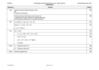9702/22 Cambridge International AS & A Level – Mark Scheme
PUBLISHED
October/November 2021
© UCLES 2021 Page 12 of 12
Question Answer Marks
7(a) (total) momentum before (decay) is zero
or
P has zero momentum
B1
(total momentum after decay must be zero so)
α-particle and Q have momenta in opposite directions
(and therefore velocities are in opposite directions)
B1
7(b) p = 239 (u) × v or 4 (u) × 1.6 × 107 C1
239 (u) × v = 4 (u) × 1.6 × 107
v = 2.7 × 105 m s–1
A1
7(c) E(K) = ½mv2 C1
= ½ × 4 × 1.66 × 10–27 × (1.6 × 107)2 C1
= 8.5 × 10–13 (J)
= 8.5 × 10–13 / 1.60 × 10–13 (MeV)
= 5.3 MeV
A1
7(d)(i) 1. R plotted at (95,147) B1
2. S plotted at (96,146) B1
7(d)(ii) (electron) antineutrino B1
 
