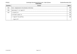 9702/23 Cambridge International AS & A Level – Mark Scheme
PUBLISHED
October/November 2021
© UCLES 2021 Page 8 of 12
Question Answer Marks
2(a) force × displacement in the direction of the force B1
2(b) units: kg m s–2 × m = kg m2 s–2 A1
2(c) T1: K and T2: K C1
A: m2 and t: s and L: m C1
c = (kg m2 s–2 m) / (m2 K s)
= kg m s–3 K–1
A1
 