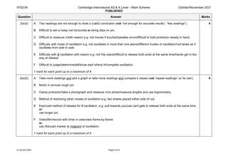 9702/34 Cambridge International AS & A Level – Mark Scheme
PUBLISHED
October/November 2021
© UCLES 2021 Page 9 of 9
Question Answer Marks
2(e)(i) A Two readings are not enough to draw a (valid) conclusion (not “not enough for accurate results”, “few readings”).
B Difficult to set or keep rod horizontal or string slips on pin.
C Difficult to measure θ with reason e.g. rod moves if touched/parallax error/difficult to hold protractor steady in hand.
D Difficulty with mode of oscillation e.g. rod oscillates in more than one plane/different modes of oscillation/rod twists as it
oscillates from side to side.
E Difficulty with B oscillation with reason e.g. rod hits stand/difficult to release both ends at the same time/hands get in the
way at release.
F Difficult to judge/determine/tell/know start of/end of/complete oscillation.
1 mark for each point up to a maximum of 4.
4
2(e)(ii) A Take more readings and plot a graph or take more readings and compare k values (not “repeat readings” on its own).
B Notch in pin/use rough pin.
C Clamp protractor/take a photograph and measure θ on photo/measure lengths and use trigonometry.
D Method of restricting other modes of oscillation e.g. two sheets placed either side of rod.
E Improved method of release for B oscillation, e.g. pull towards you/use card gate to release both ends at the same time
or
use longer pin.
F Video/film/record with timer in view/view frame-by-frame
or
use (fiducial) marker at midpoint of oscillation.
1 mark for each point up to a maximum of 4.
4
 