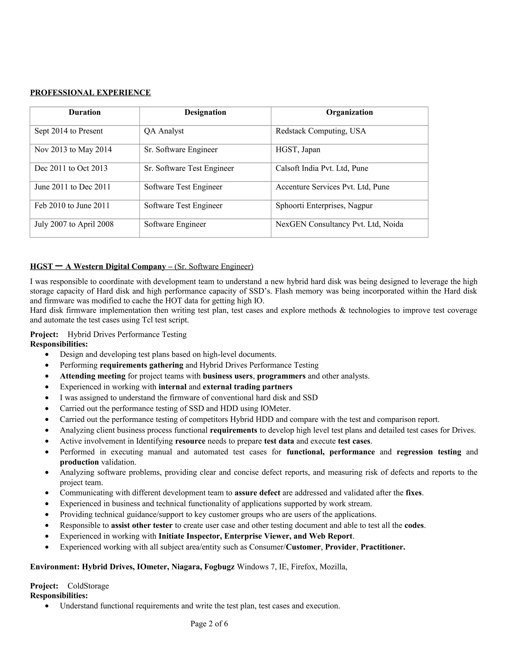PROFESSIONAL EXPERIENCE 
Duration Designation Organization 
Sept 2014 to Present QA Analyst Redstack Computing, USA 
Nov 2013 to May 2014 Sr. Software Engineer HGST, Japan 
Dec 2011 to Oct 2013 Sr. Software Test Engineer Calsoft India Pvt. Ltd, Pune 
June 2011 to Dec 2011 Software Test Engineer Accenture Services Pvt. Ltd, Pune 
Feb 2010 to June 2011 Software Test Engineer Sphoorti Enterprises, Nagpur 
July 2007 to April 2008 Software Engineer NexGEN Consultancy Pvt. Ltd, Noida 
HGST ー A Western Digital Company – ( Sr. Software Engineer) 
I was responsible to coordinate with development team to understand a new hybrid hard disk was being designed to leverage the high 
storage capacity of Hard disk and high performance capacity of SSD’s. Flash memory was being incorporated within the Hard disk 
and firmware was modified to cache the HOT data for getting high IO. 
Hard disk firmware implementation then writing test plan, test cases and explore methods & technologies to improve test coverage 
and automate the test cases using Tcl test script. 
Project:　Hybrid Drives Performance Testing 
Responsibilities: 
· Design and developing test plans based on high-level documents. 
· Performing requirements gathering and Hybrid Drives Performance Testing 
· Attending meeting for project teams with business users, programmers and other analysts. 
· Experienced in working with internal and external trading partners 
· I was assigned to understand the firmware of conventional hard disk and SSD 
· Carried out the performance testing of SSD and HDD using IOMeter. 
· Carried out the performance testing of competitors Hybrid HDD and compare with the test and comparison report. 
· Analyzing client business process functional requirements to develop high level test plans and detailed test cases for Drives. 
· Active involvement in Identifying resource needs to prepare test data and execute test cases. 
· Performed in executing manual and automated test cases for functional, performance and regression testing and 
production validation. 
· Analyzing software problems, providing clear and concise defect reports, and measuring risk of defects and reports to the 
project team. 
· Communicating with different development team to assure defect are addressed and validated after the fixes. 
· Experienced in business and technical functionality of applications supported by work stream. 
· Providing technical guidance/support to key customer groups who are users of the applications. 
· Responsible to assist other tester to create user case and other testing document and able to test all the codes. 
· Experienced in working with Initiate Inspector, Enterprise Viewer, and Web Report. 
· Experienced working with all subject area/entity such as Consumer/Customer, Provider, Practitioner. 
Environment: Hybrid Drives, IOmeter, Niagara, Fogbugz Windows 7, IE, Firefox, Mozilla, 
Project:　ColdStorage 
Responsibilities: 
· Understand functional requirements and write the test plan, test cases and execution. 
Page 2 of 6 
 
