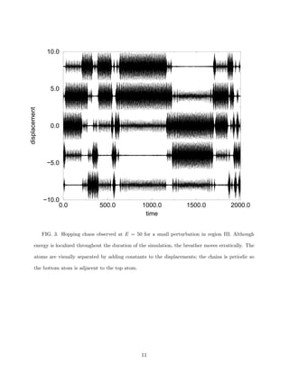 0.0 500.0 1000.0 1500.0 2000.0
time
−10.0
−5.0
0.0
5.0
10.0
displacement
FIG. 3. Hopping chaos observed at E = 50 for a small perturbation in region III. Although
energy is localized throughout the duration of the simulation, the breather moves erratically. The
atoms are visually separated by adding constants to the displacements; the chains is periodic so
the bottom atom is adjacent to the top atom.
11
 